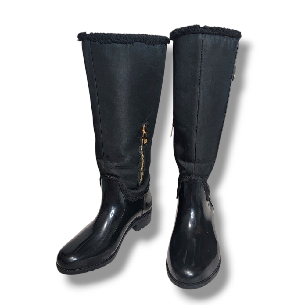 EUC Tommy Hilfiger Black Knee High Length Rain Snow‎ Winter Boots Faux Fur 7M